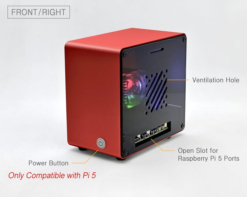 ElectroCookie Raspberry Pi 5 Case, Aluminum Mini Tower Case with Cooling Fan and Color Changing Ambient Light (Red) - Image 3